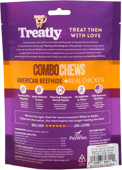 Combo Chews Beefhide Twist Sticks 5" w/Chicken Meat Wrap Dog Chew Treats - 22 Count/1 Pack