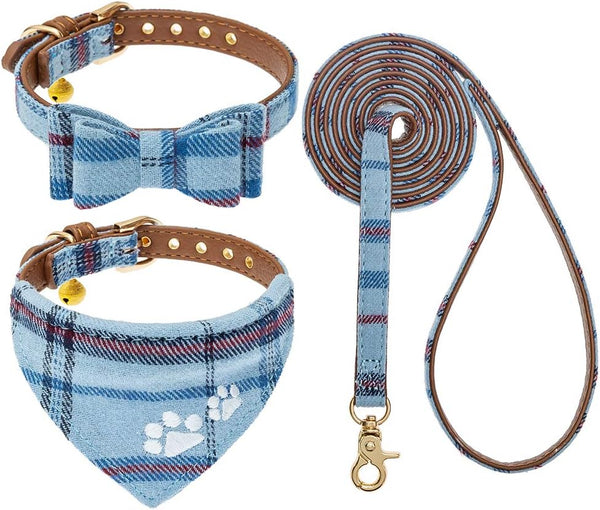 EXPAWLORER Puppy Collar and Leash Set, Embroidery Pawprints Plaid Dog Collar with Bow Tie and Bandana, Blue S