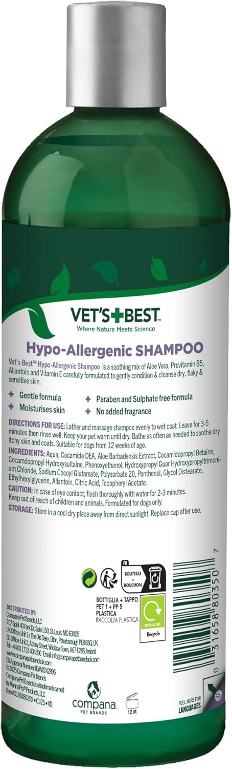 16 oz Vet's Best Hypo-Allergenic Shampoo for Dogs | Dog Shampoo for Sensitive Skin | Relieves Discomfort from Dry