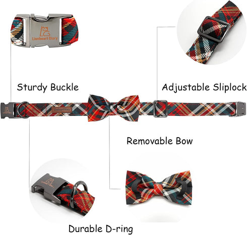 Lionheart Glory Christmas Dog Bow Collar - Adjustable Plaid Bow Tie Collar for Small Dogs, Pet Gift