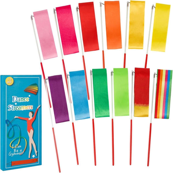 YGEOMER Ribbon Wands, 12pcs Rainbow Gymnastics Ribbons for Kids, Twirling Dance Sticks
