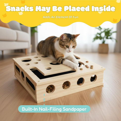 Yumcute 3 Cat Nail File Enrichment Box - Wooden Scratch & Puzzle Toy with Bell Balls, Sandpaper Pad for Indoor Cat Claw