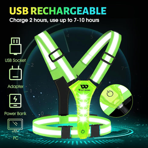 West Biking Running Vest Light, LED Reflective Gear for Night Walking, High Visibility Rechargeable Light Up Running