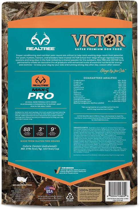 Victor Super Premium Dog Food – Realtree MAX-5 PRO, Gluten Free, 30% Protein for Active Adult Dogs, 5lb