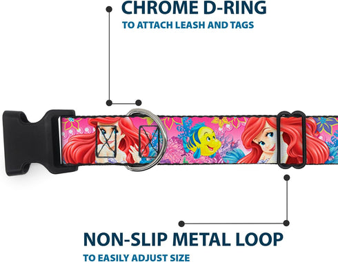 Buckle-Down Plastic Clip Collar - Large Ariel/Flounder/Fish Trio Poses Pinks - 1.5" Wide - Fits 18-32" Neck