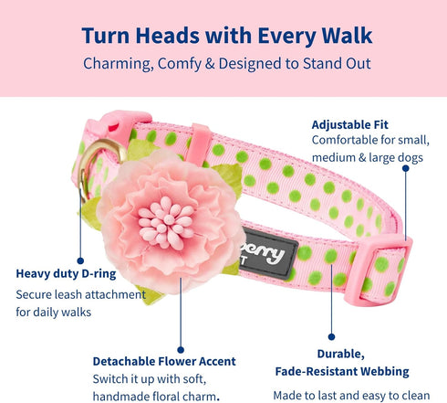 Blueberry Pet Pink Dog Collar for Girls with Silk Flower, Adjustable Flocking, Medium, 14.5"-20" Neck, 3/4" Width