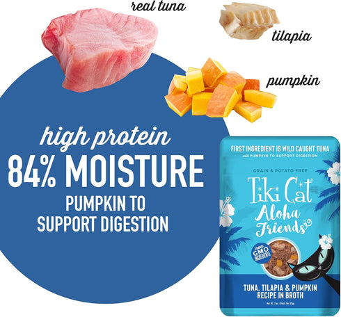 Tiki Cat Aloha Friends, Tuna, Tilapia & Pumpkin, Grain-Free Wet Cat Food, 3 oz. Pouch (Pack of 12)