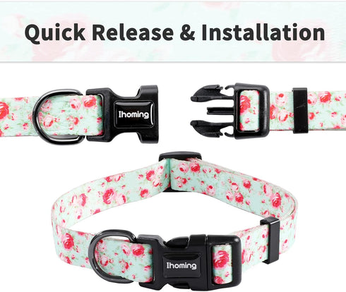 Ihoming Dog Collar and Leash Set for Daily Outdoor Walking, Floral GreenLake Design for Medium Dogs, M-Up to 45LBS