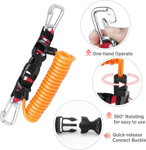 Scuba Retractable Lanyard with Quick-Release Buckle, Stainless Steel Double-Clips and Spiral Core Anti-Lost
