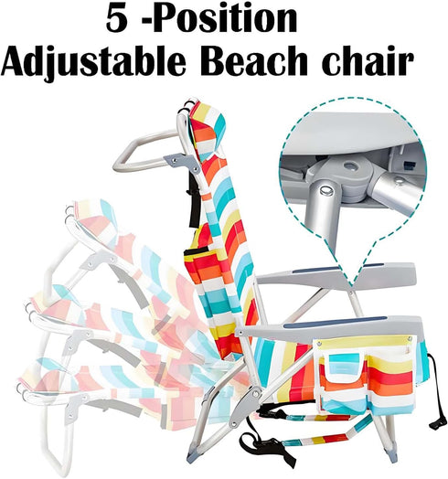 Generic Backpack 5 Folding Beach Chair, Portable Camping Chairs with Headrest, Cup Holder & Armrests, Beach Chairs