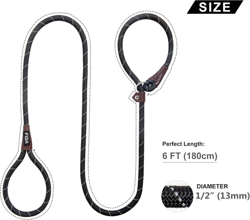 Fida Durable Slip Lead Dog Leash, 6 FT x 1/2" Heavy Duty Comfortable Rope Leash for Large, Medium Dogs, No Pull Training