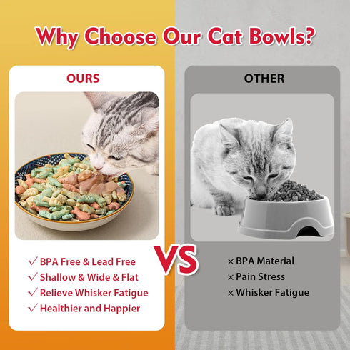 5.5 inch Wide Shallow Cat Food Bowl Set for Whisker Fatigue Relief, Ceramic, 6 Colorful Cute Dishes, 8 oz