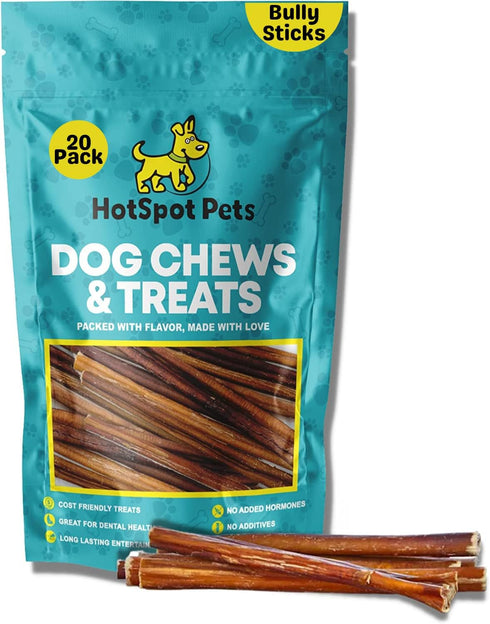 hotspot pets 6 Inch Premium Bully Sticks (20 Pack) - All Natural Long Lasting Beef Pizzle Treats for Medium Dogs