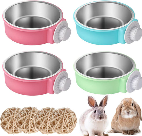 Rabbit Bowls Set, 4 PCS Big Pet Bunny Food Bowls and Stainless Steel Hanging Water Feeder for Big Bunny