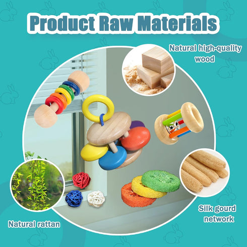 QWR 9PCS Chinchillas, Wooden Bunny Toys,Safe Rabbit & Guinea Pigs Teeth Grinding Toy for Hamsters & Small Animals