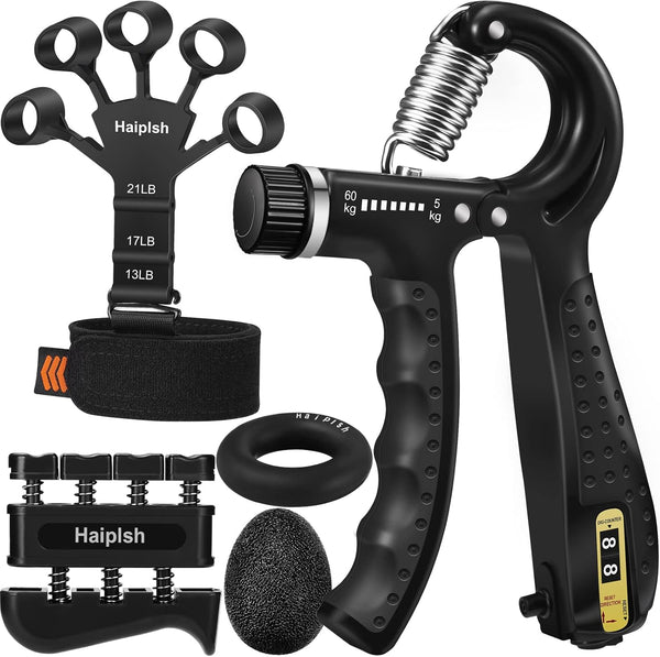 Grip Strength Trainer Kit (5 Pack) with Finger Exerciser, Hand Grip Strengthener, Stress Relief Ball, Silicone