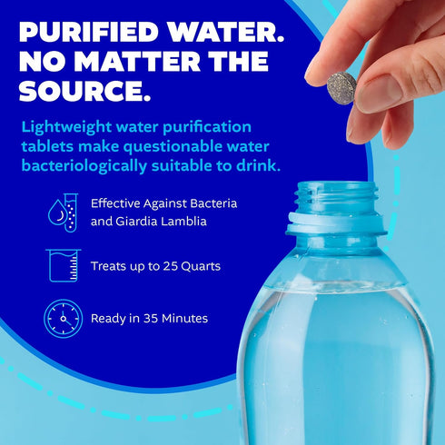 Potable Aqua Water Purification Treatment, Portable Drinking Water Treatment for Camping, 50 Tablets, Black, Single Pack