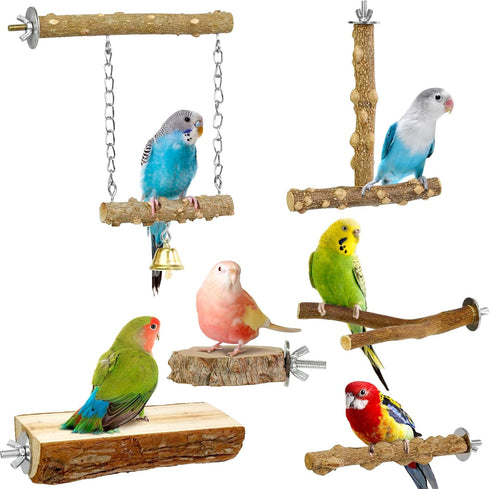 Bird Perches, 6pcs Natural Wood Stand Branches, Chewing Stick Accessories for Parakeet Lovebirds