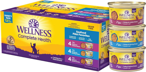 Wellness Complete Health Grain-Free Wet Canned Cat Food, Seafood Pate Favorites Variety Pack, 3 Ounce Can (Pack of 12)