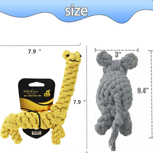 ADUCK Puppy Dog Rope Toy for Teeth Cleaning, Chew-Proof Dental Care, Durable Cotton Elephant & Giraffe