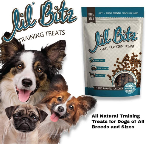 Lil' Bitz Flame Roasted Chicken Training Treats - Low Calories, Grain Free, 3 Pack for All Dog Breeds