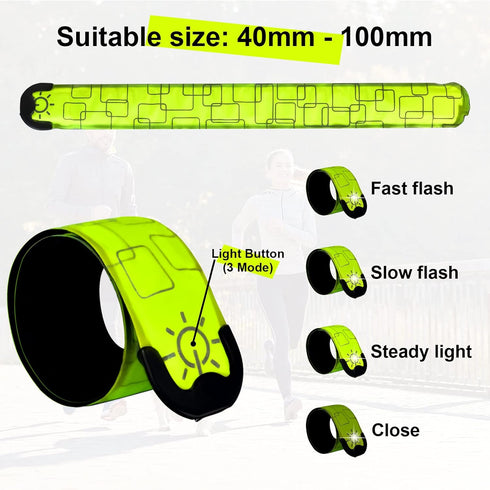 LED Safety Wristband Lights - 2 Pack Rechargeable Light Up Arm Ankle Band Kids Magic Slap Glow Bracelets Reflective Belt High Visibility for Night Cycling Walking Joggers Running Gear