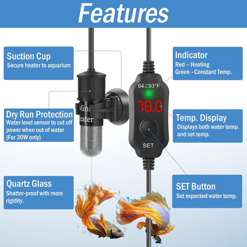 Super Mini 10W Aquarium Heater for Betta, Adjustable Submersible Fish Heater with Digital Display for 1-2 Gallon