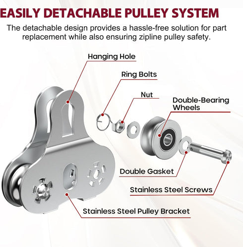 Zipline Pulley with Carabiner and Handle | 304 Stainless Steel Tandem Speed Double Pulley for 1/4 5/16 3/8 Cable
