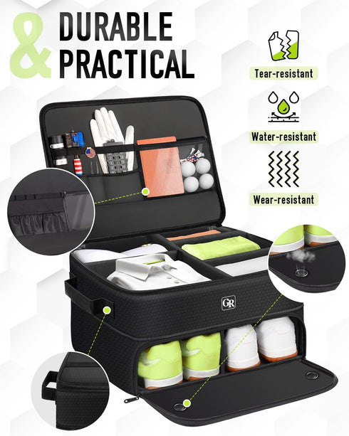 Odor-Absorbing 2-Layer Large Golf Trunk Organizer with Activated Carbon Fabric - Water-Resistant Golf Shoe Bag