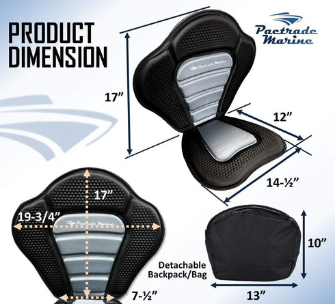 Pactrade Marine Adjustable Straps Black Gray Padded Deluxe Kayak Seat with Detachable Storage Backpack Bag for Canoeing