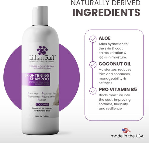 B5 16oz+Brush Lillian Ruff PRO Formula Ultra Brightening Dog Shampoo - Professional Whitening & Long-Lasting Odor