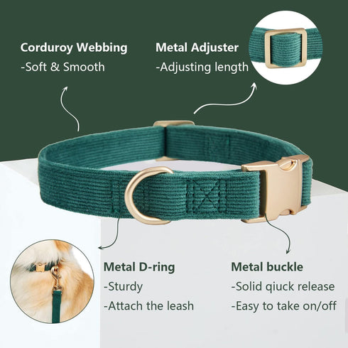 Soft Corduroy Dog Collar and Leash Set, Adjustable Cotton Dog Collars with Metal Buckle and Lead for Small Dogs,Dark Green