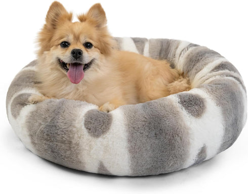 Best Friends by Sheri Lux Faux Fur Calming Donut Dog Bed, Patterned Gray, Small, 23" x 23"