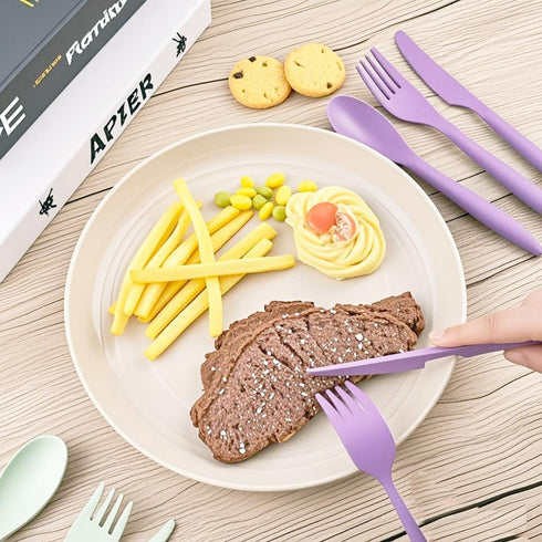 ZQtyf Set 5 Sets Set, (5 Travel Utensils - Reusable Wheat Straw Plastic Cutlery with Case, Portable Forks Spoons
