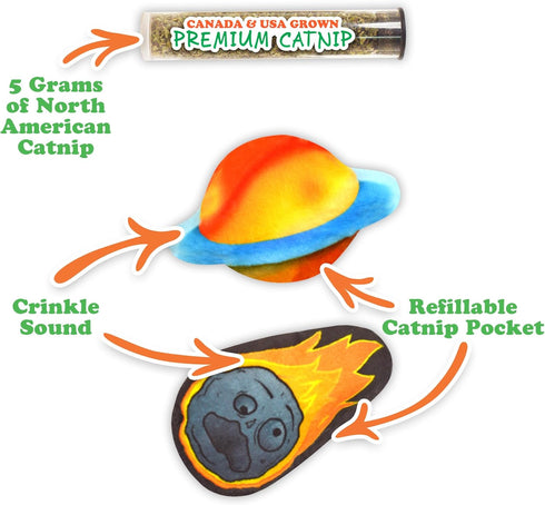 Meowijuana Refillable Cat Toys | Get Spacey - Planet and Meteor Catnip Toys | Includes Potent Hand Harvested Catnip
