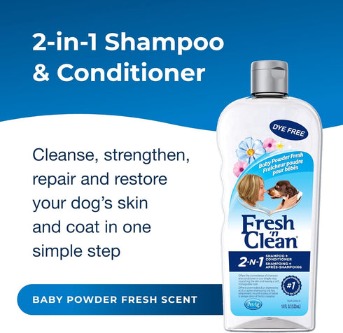Pet-Ag Fresh ’n Clean 2-N-1 Conditioning Shampoo, Baby Powder Scent - 18 oz - Moisturizes with Vitamin E & Aloe Vera - Strengthens & Repairs Coats - Soap Free