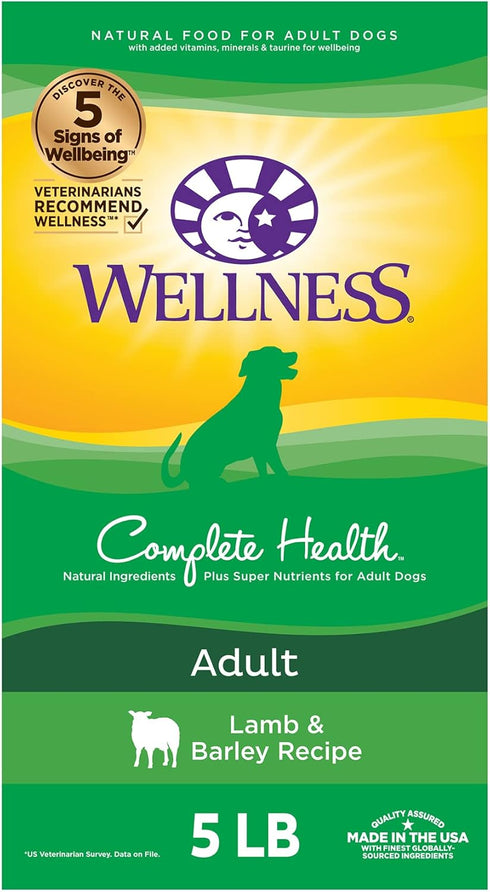 Wellness Complete Health Dry Dog Food with Grains, Natural Ingredients, Lamb & Barley, 5-Pound Bag for Adult Dogs