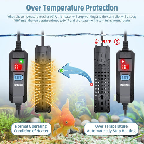 Submersible Aquarium Heater - 25W/50W/75W for 1-40 Gallon Fish Tank with Intelligent Auto Stop Heating & Overheating