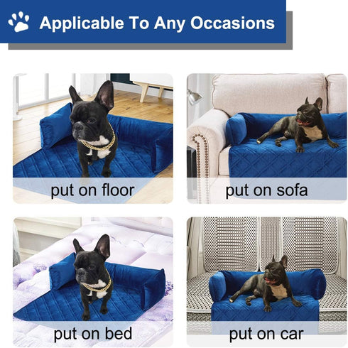 Premium Blue Silky Velvet Pet Sofa Bed - Slip Resistant, Waterproof, Washable Couch Protector with Removable Bolster