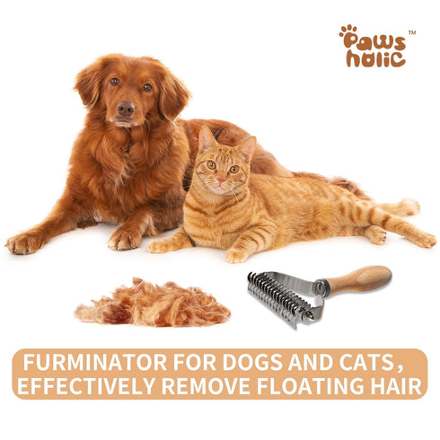 PAWSHOLIC Undercoat Rake for Dogs, Professional Pet Shedding Dematting Comb with Wood Handle for Cats and Dogs