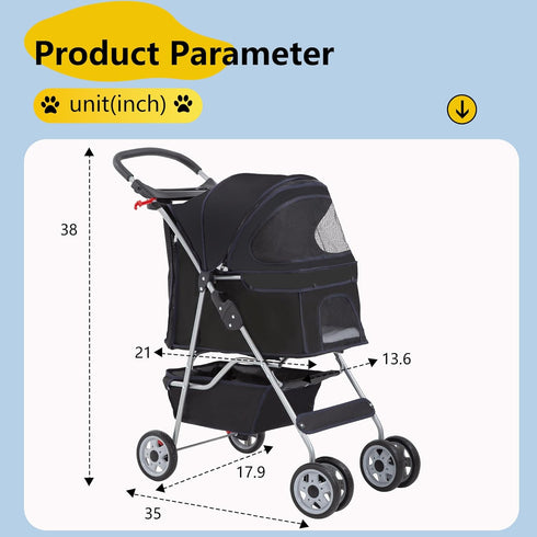 4-Wheel FDW Pet Stroller Dog Cat Stroller Travel Folding Carrier Puppy Stroller with Cup Holder and Removable Liner