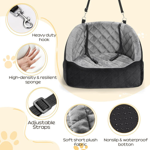 KANGREST 30 Lbs, 2 Dog Car Seat for Small Dogs Up to Pet Travel Safety Bed for Puppy Cat, Fits in Front/Back Seat, Anti