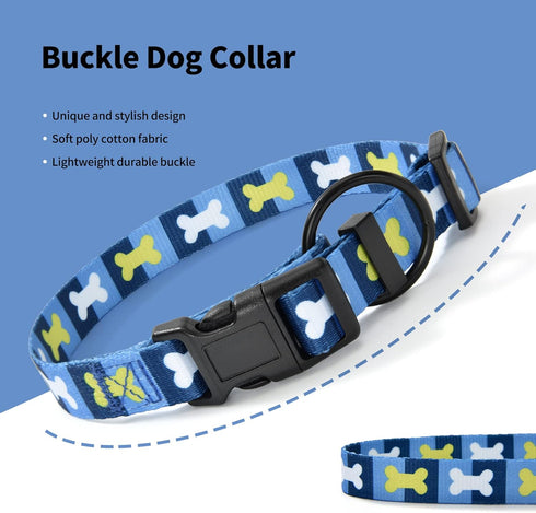 Mile High Life Nylon Puppy Dog Collar | Cute Patterns, Lightweight for Small/Medium/Large Dogs (Blue Bone, Medium Neck