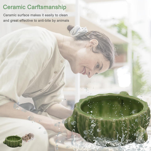 2 Packs Hamster Food Bowl - Cactus Ceramic Feeding Dish for Small Animals (Green+Dark Green)