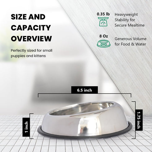 ICONIC PET 8 oz/1 Cup Heavy Weight Stainless Steel Elevated Pet Food/Water Bowl - Removable Anti Skid Rubber Ring