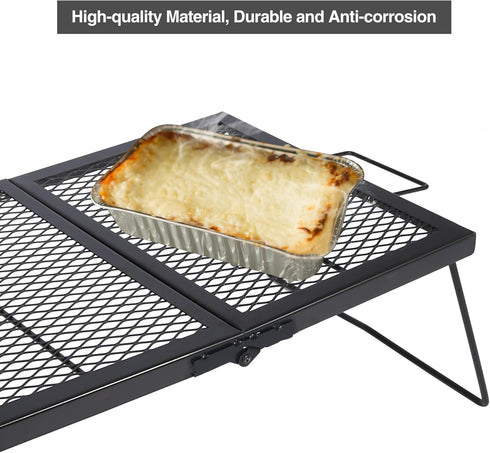 Portable Heavy Duty Steel Folding Campfire Grill Grate for Outdoor Cooking Fire Pit, Black Folded in Half