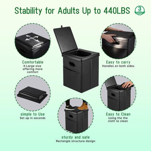 16.5" 190lbs Commode Panmout XL Portable Toilet for Camping, Foldable Travel Toilet for Adults with Cushioned Seat