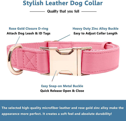 Soft Leather Dog Collar and Leash Set (6.6'), Stylish Rose Gold Heavy Duty Metal Buckle, Dark Pink M (13.8"-19.7")