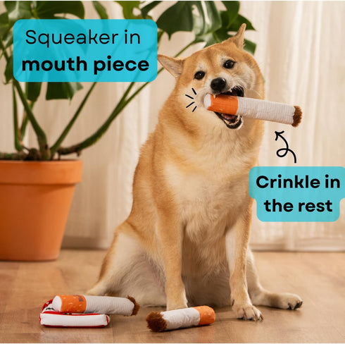 Nestpark Muttboro Doggy Cigs Funny Dog Toys - Parody Plush Squeaky Crinkle Interactive Dog Toy - Hide and Seek Treat