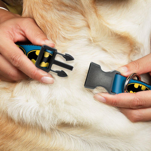 Buckle-Down Plastic Clip Collar - Bat Signal-3 Blue/Black/Yellow, 1.5" Wide, Fits 16-23" Neck